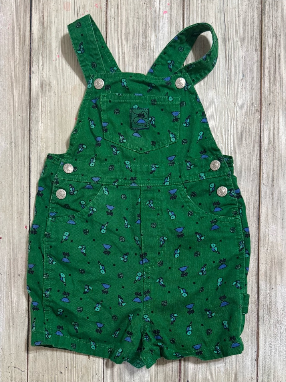Vintage Honors green parrot treasure chest island shortalls overalls 24m boys